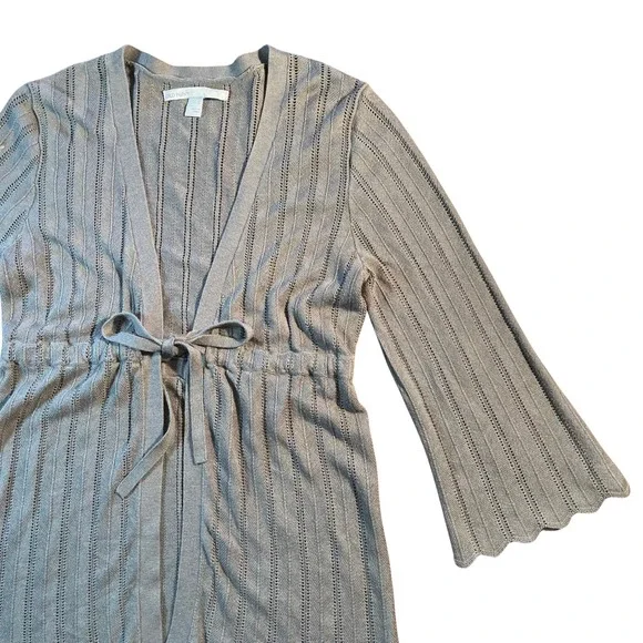 Vintage Gray Ribbed Knit Tie Waist Scalloped Hem Cardigan Sweater Small Y2K 90s - Picture 6 of 16